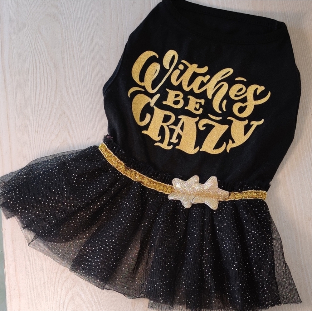 Dog Halloween Dress "Witches Be Crazy" Black with Gold Sparkle Tuelle Skirt